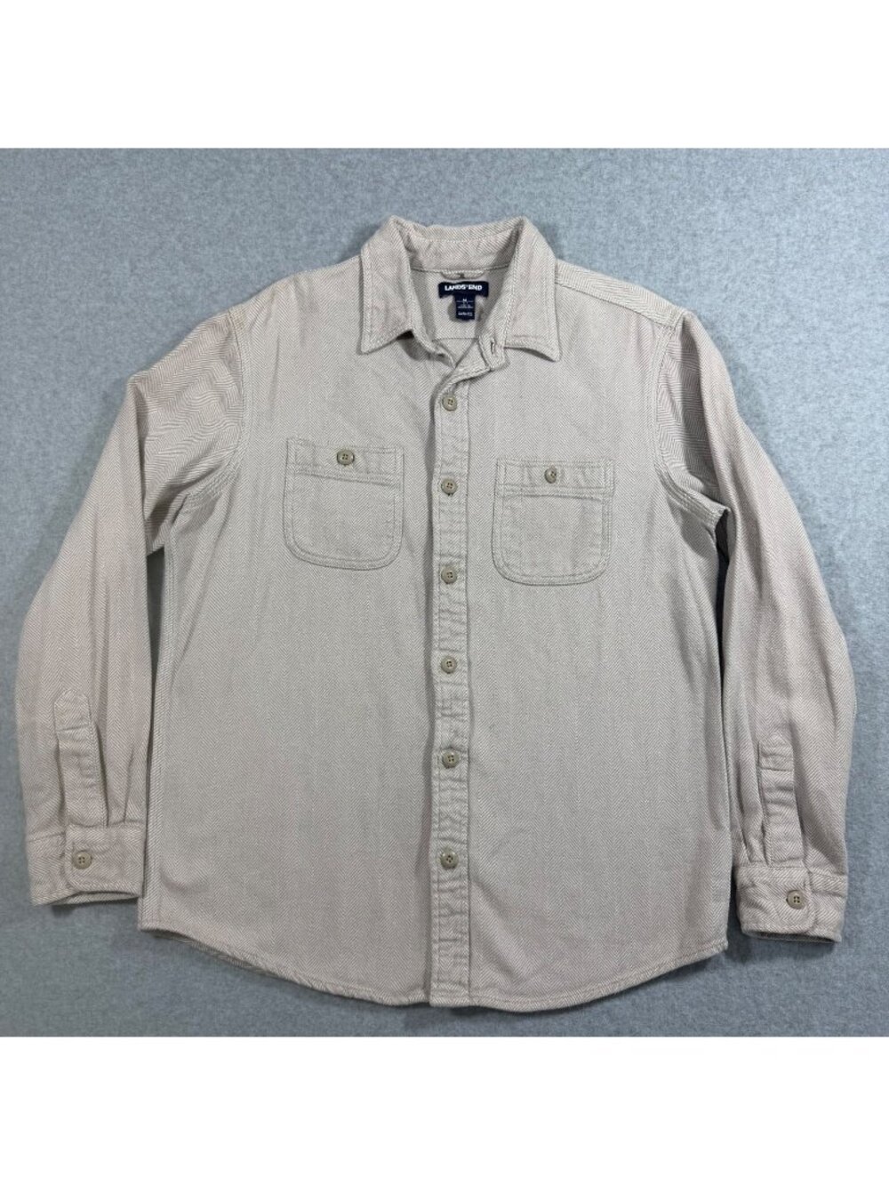 Lands’ End Men’s M Beige Herringbone Traditional Fit Cotton Button Front Shirt